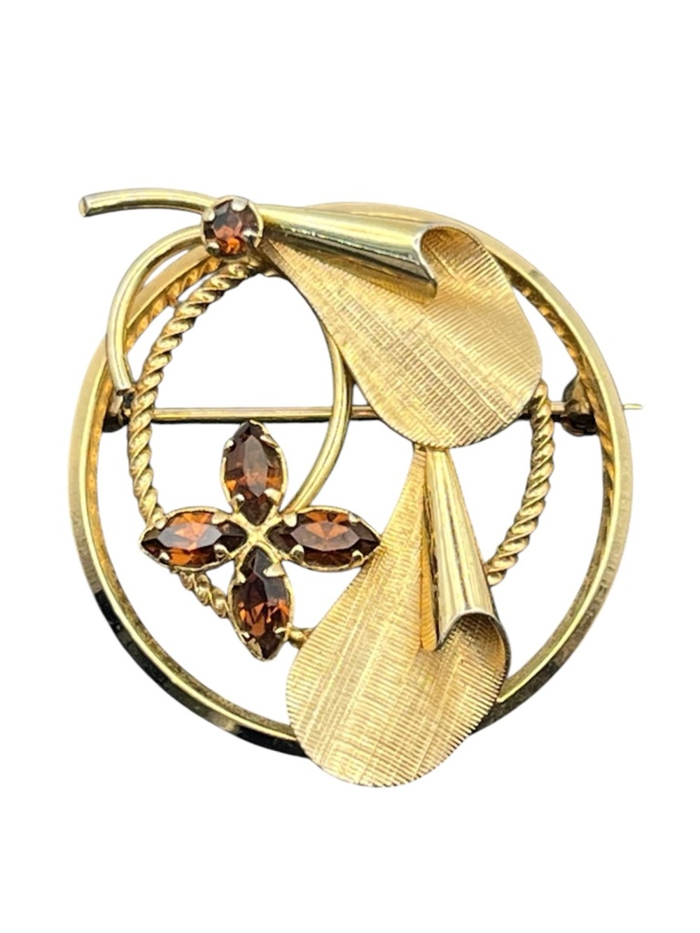 12k gold filled brown rhinestone flower & leaves twisted vintage brooch pin